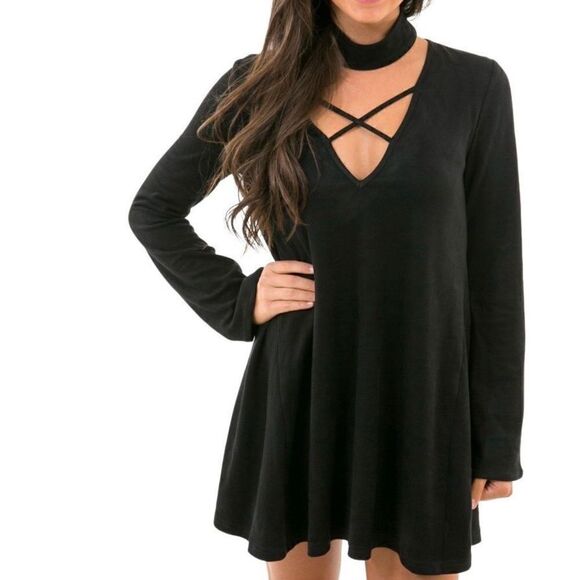 Suede Criss Cross Choker Dress Sz Small - Picture 1 of 3